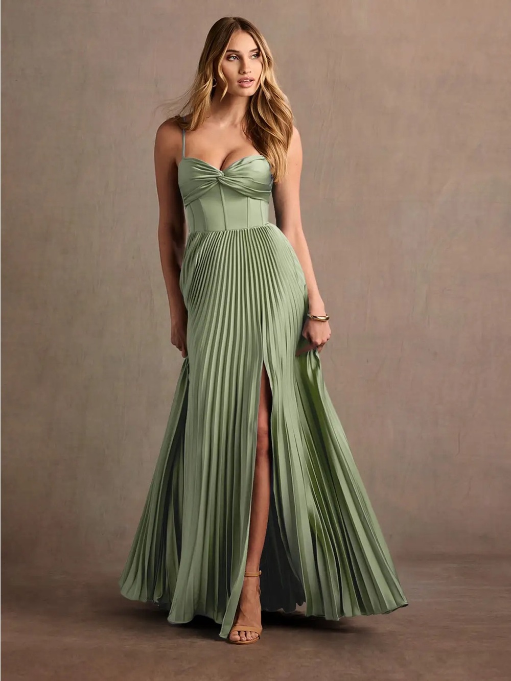 Azazie Tyla Sage Green Pleated Maxi with Sweetheart Bodice